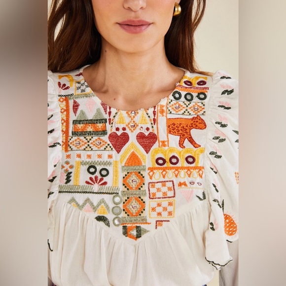 Farm Rio White Embroidered Fall Leaf Blouse, Size XL - Picture 4 of 7